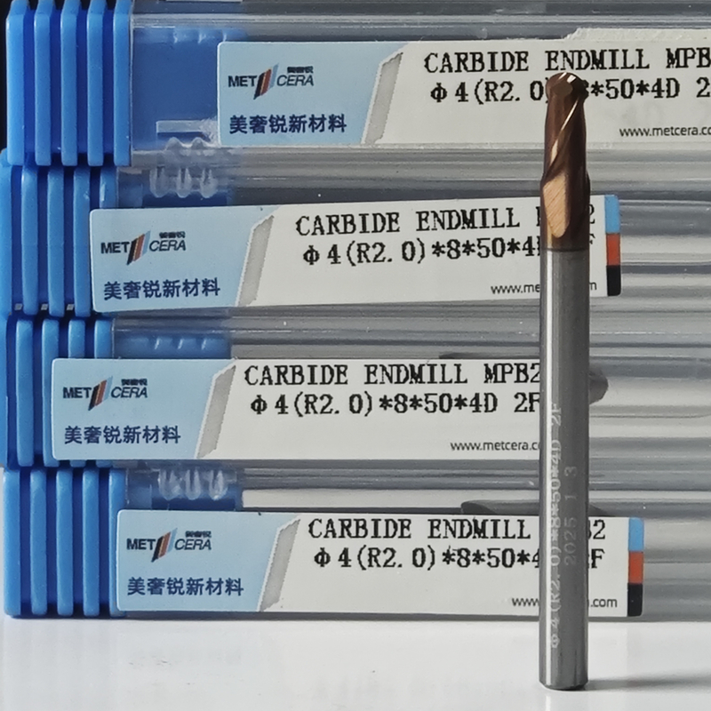 Solid Carbide Ball Nose End Mill 2 Fluten R0.5-10 4mm Φ4.0 R2.0 x8x4Dx50mm met hardheid HRC55-60