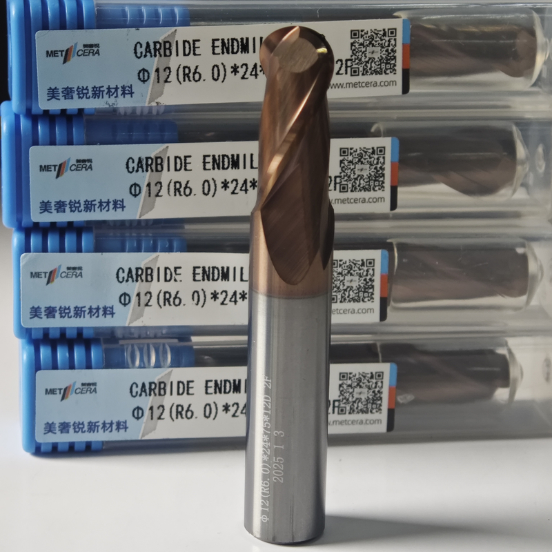 Solid Carbide Ball Nose End Mill 2 Flutes R0.5-10 12mm Φ12.0 R6.0 X24x12Dx75mm Hardheid HRC55-60 AlCr coating Voor afwerking